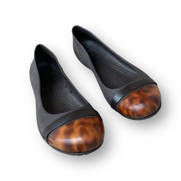 CROCS Brown Tortoise Shell Cap Toe Ballet Flats Shoes Women's size 7 - Picture 4 of 12